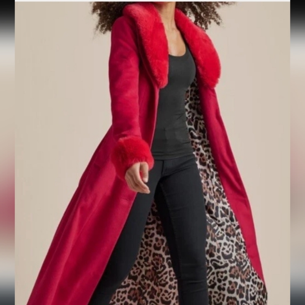 Elegant Red Faux Fur Trimmed Women's Coat